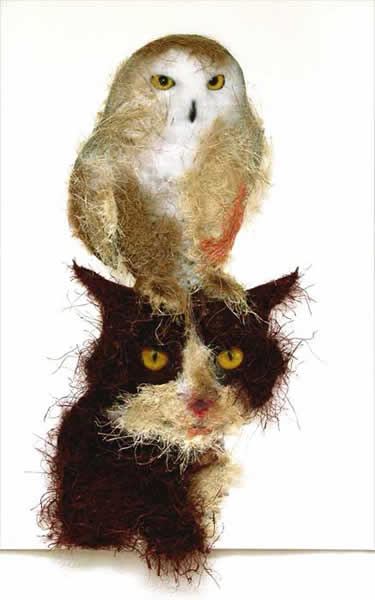 'Cat and owl'. 2008. Mixed media on paper. 48,3 x 32,9 cm