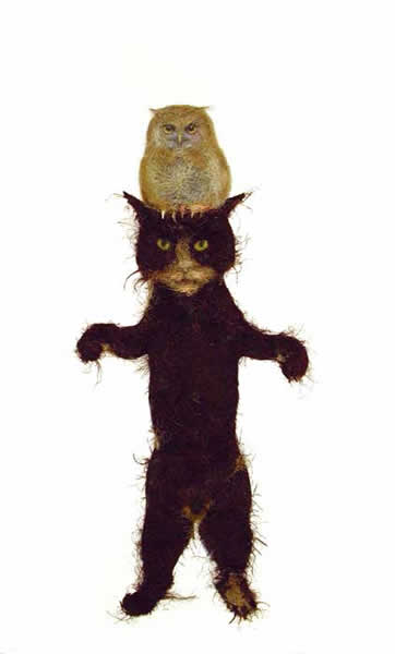 'Cat and owl'. 2009. Mixed media on paper. 100 x 60 cm